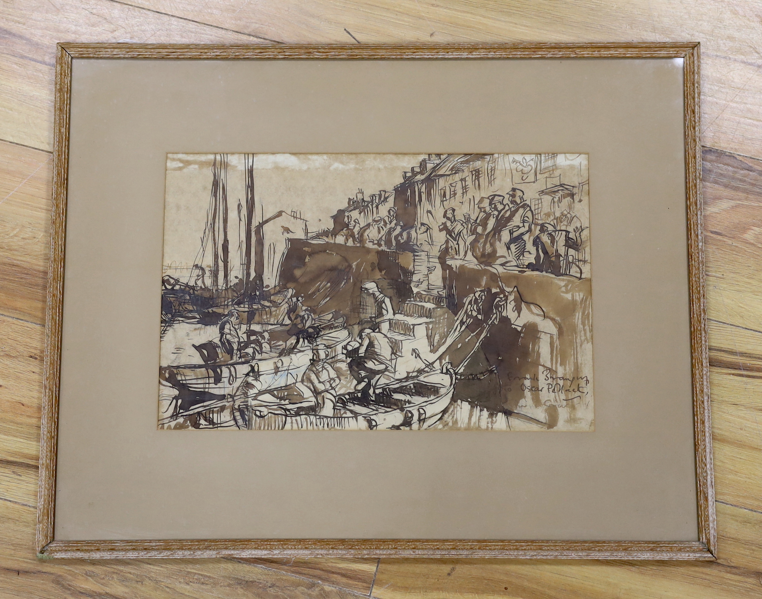Frank Brangwyn (1867-1956), pen, ink and wash, Harbour scene with boats and figures, signed and inscribed, 25 x 38cm